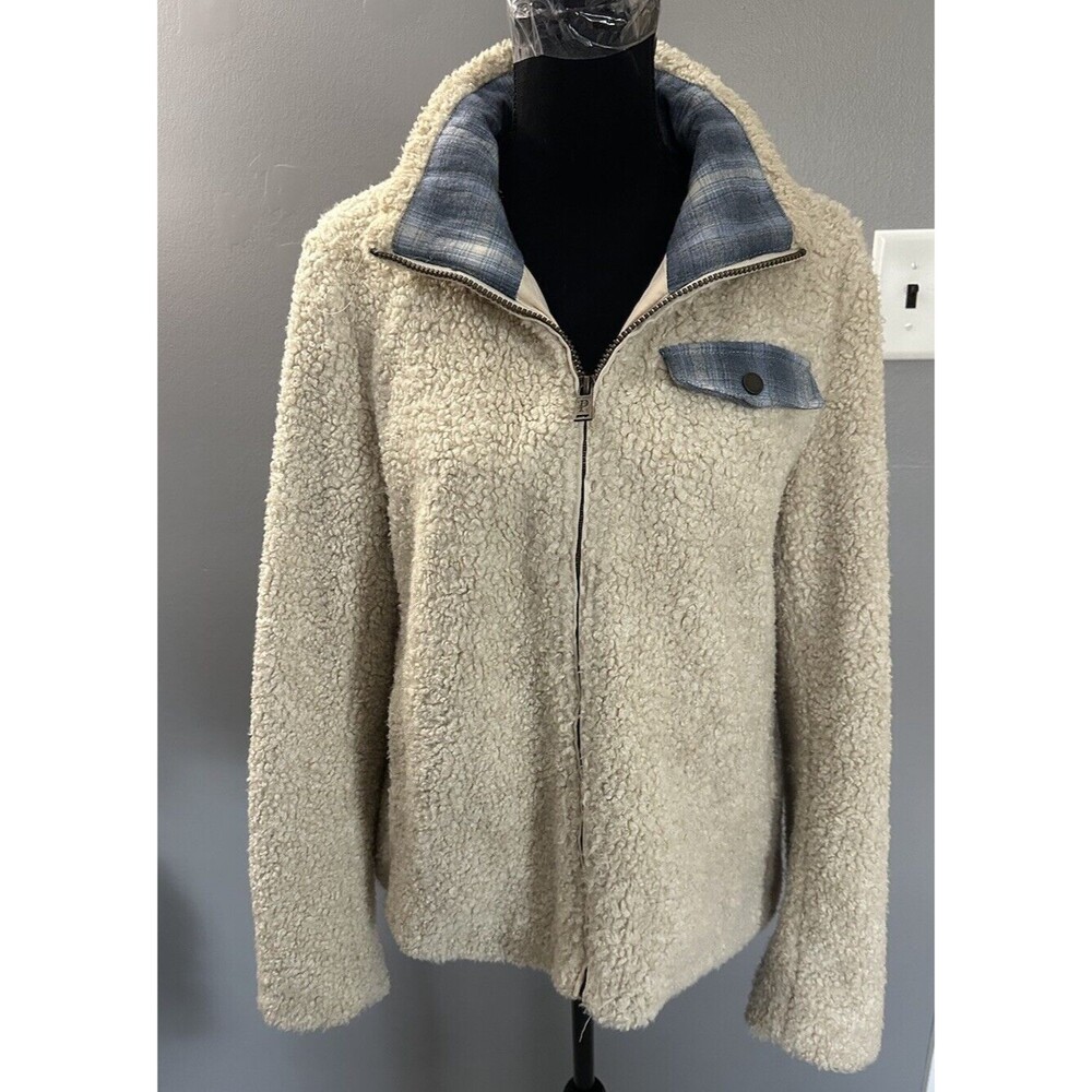 Women’s Pendleton Fleece Jacket M Full Zip Beige Sherpa Coat Blue Plaid Accent